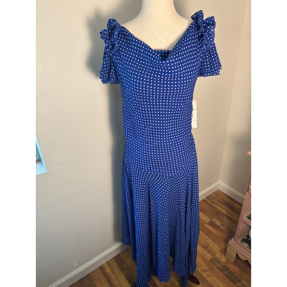 Signature by Robbie Bee Blue Polka Dot Midi Dress Ruffle Sleeve Vintage